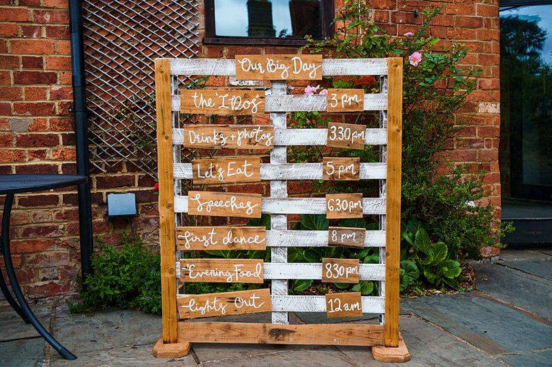 A wooden pallet sign with white handwritten text displays a wedding schedule: "Our Big Day." Events listed include 'I Do's' at 3 pm, drinks photos at 3:30 pm, let's eat at 5 pm, speeches at 6:30 pm, first dance at 8 pm, evening food at 8:30 pm, and lights out at 12 am. Image by Documentary Wedding Photographer Lewis Bishop Photography.