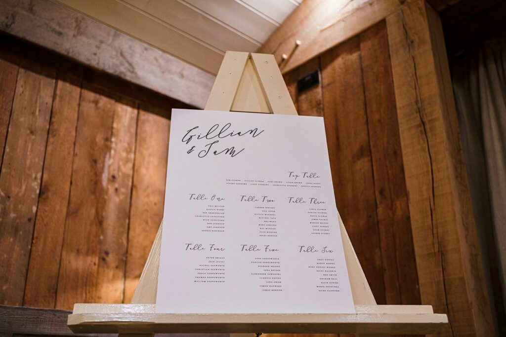 A wedding seating chart is displayed on an easel in a rustic wooden setting. The chart features calligraphy text at the top that reads "Gillian & Tom," followed by a list of table assignments for guests. Image by Documentary Wedding Photographer Lewis Bishop Photography.