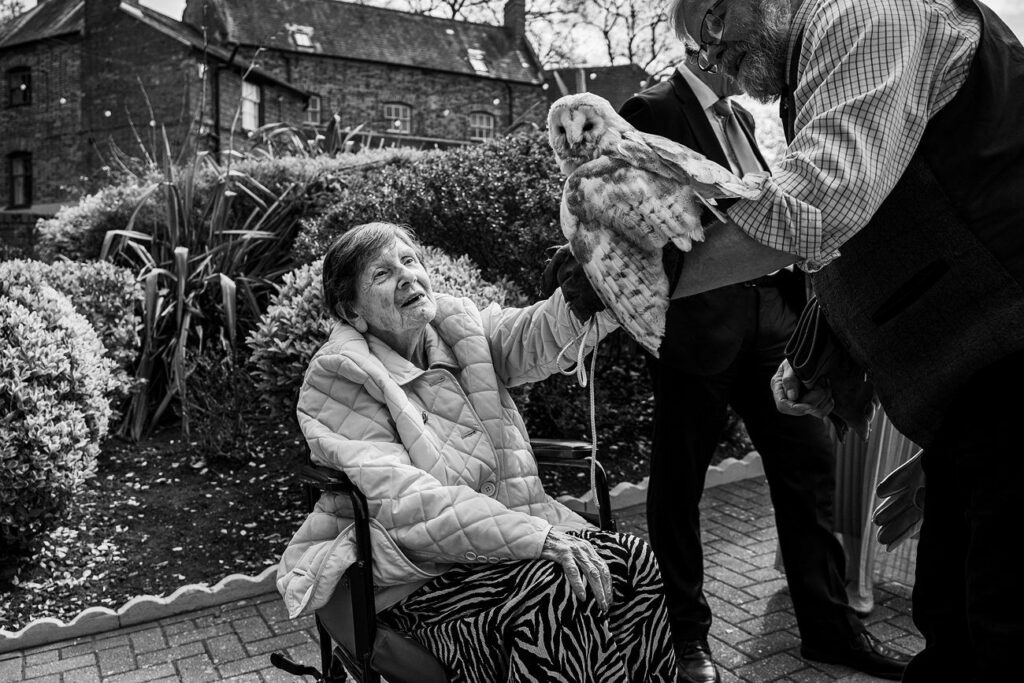 An older woman in a wheelchair gently touches an owl held by a man outdoors near a garden area with several people around. Image by Documentary Wedding Photographer Lewis Bishop Photography.