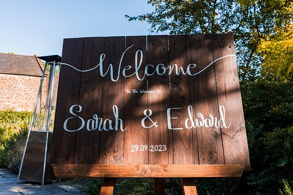 Welcome sign for Sarah and Edward's wedding, 29 September 2023.