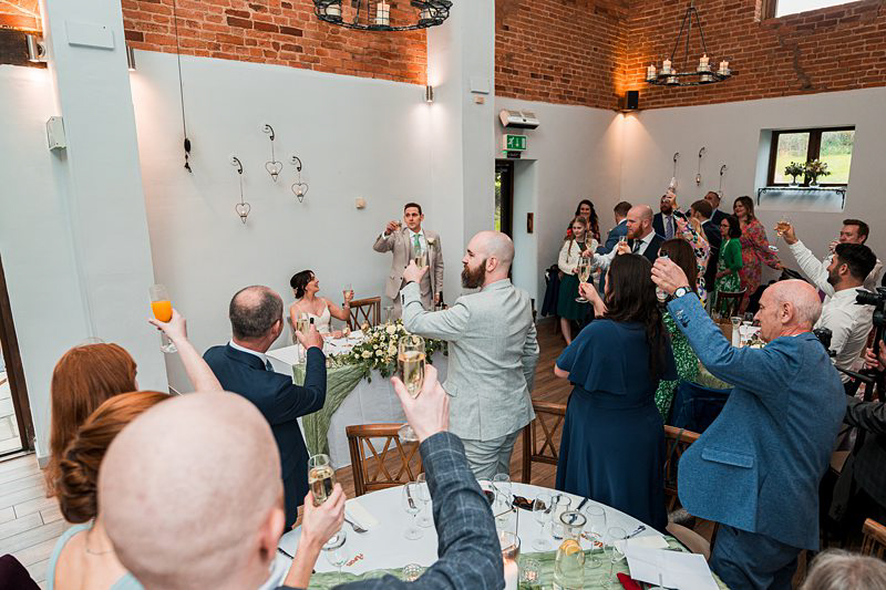 Guests toasting at wedding reception.