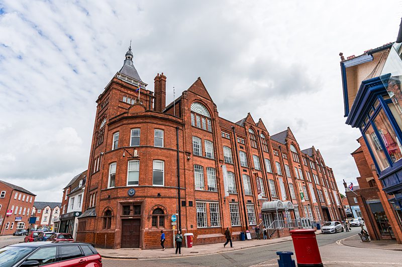 Historic red brick building on town corner