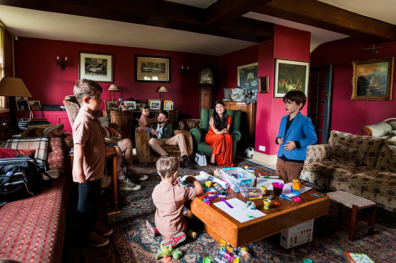 Family gathering in a colourful living room