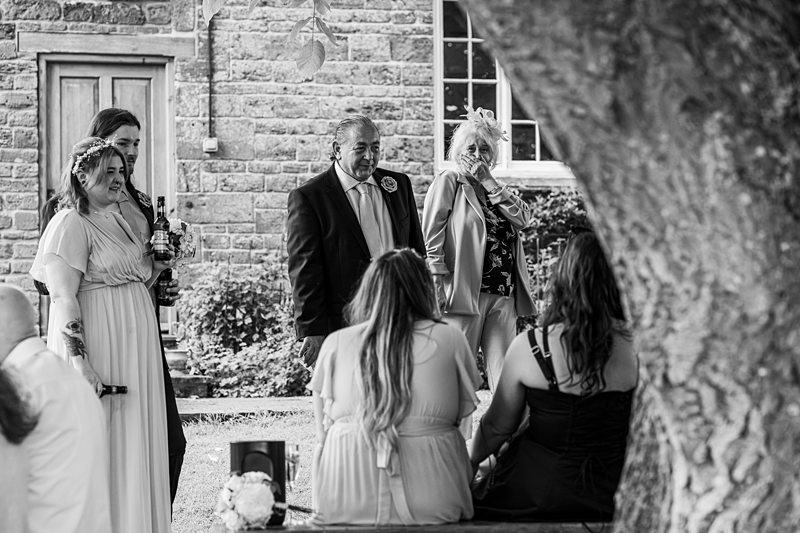 Guests mingling at an outdoor wedding.