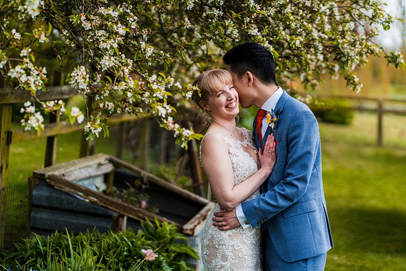 Wedding couple embracing under blossoming tree.
