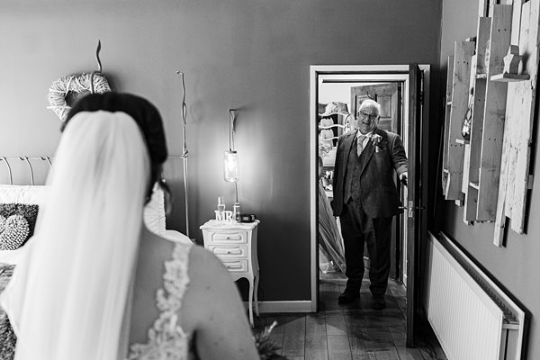 Bride and father emotional first look moment.