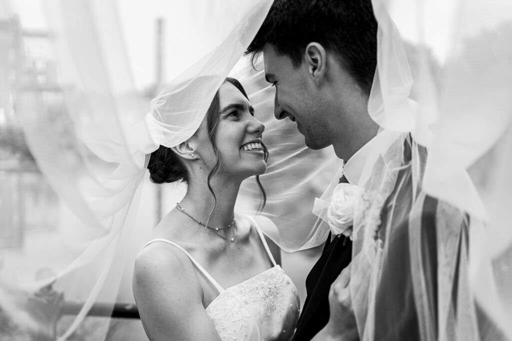 Happy couple under veil on wedding day