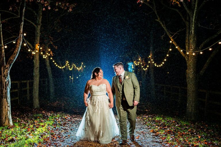 Bride and groom walking under string lights in rain.