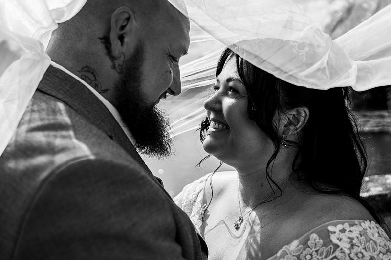 Smiling couple under wedding veil, close-up portrait.