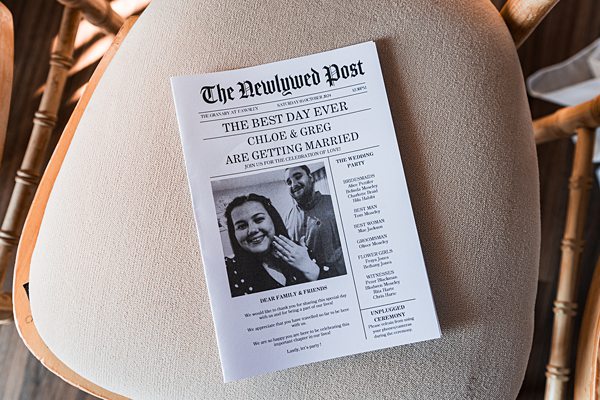 Wedding announcement on a chair with couple's photo.