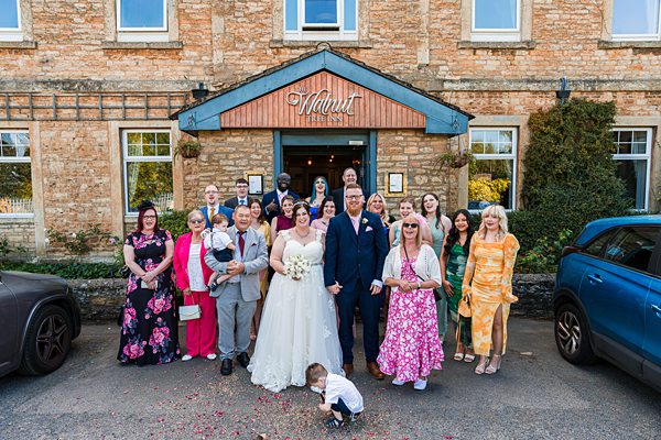 Wedding party outside Walnut Tree Inn.